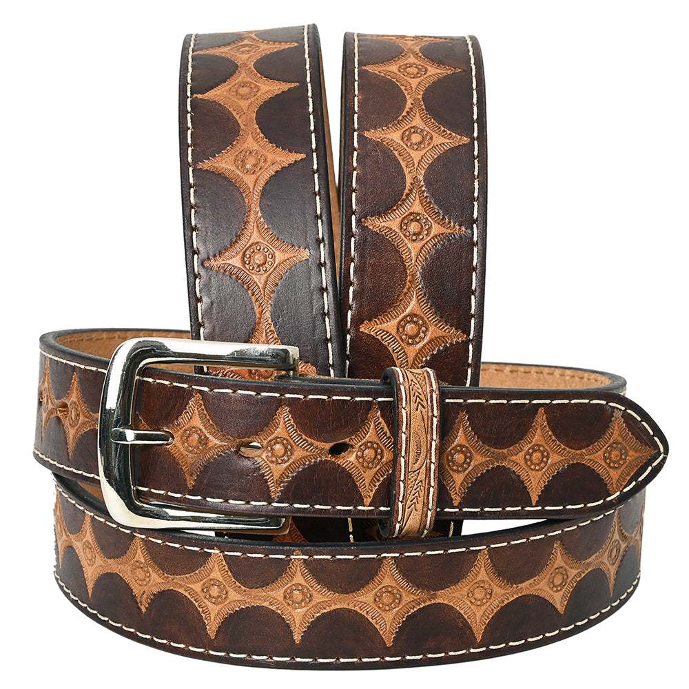 Bar H Equine Hand Tooled Genuine Leather Crafted Brown Unisex Western Belt Removable Buckle Full Grain