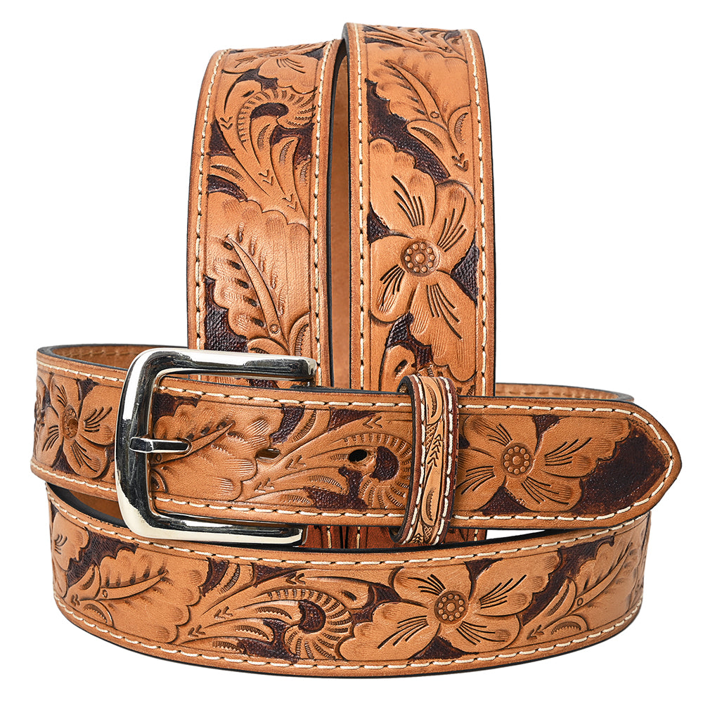 Bar H Equine Hand Tooled Genuine Leather Crafted Brown Unisex Belt Removable Buckle Full Grain Western Men & Women