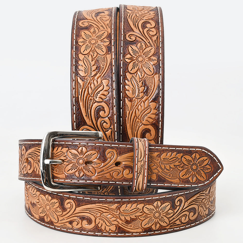 Bar H Equine Hand Tooled Genuine Leather Crafted Brown Unisex Western Belt Removable Buckle Full Grain for Men Women