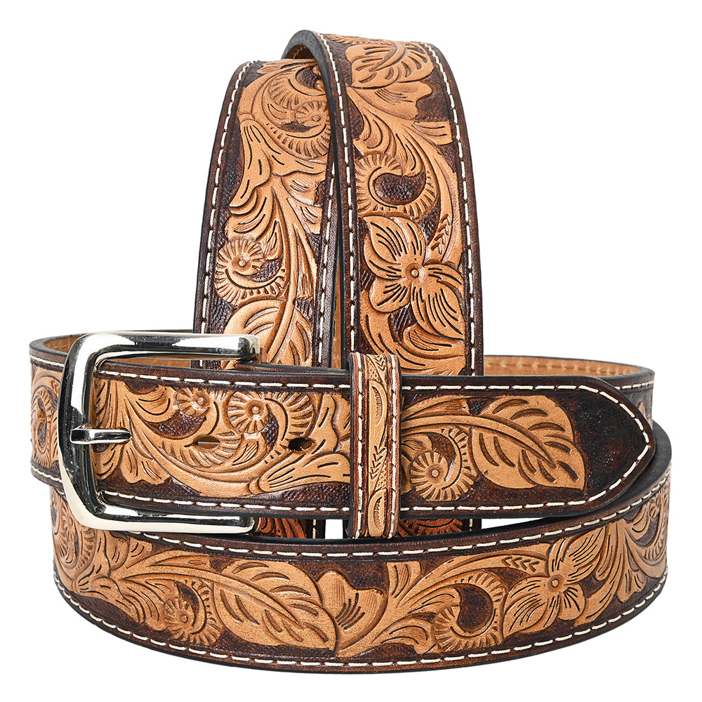 Bar H Equine Hand Crafted Tooled Genuine Leather Brown Tan Unisex Western Belt Removable Buckle Full Grain Men Women