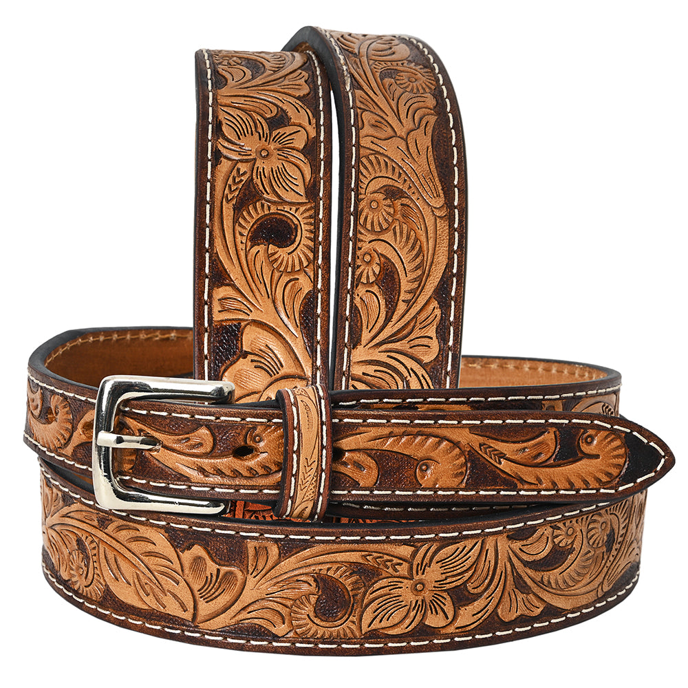 Bar H Equine Hand Tooled Genuine Leather Crafted Brown Unisex Western Belt Removable Buckle Full Grain Men & Women