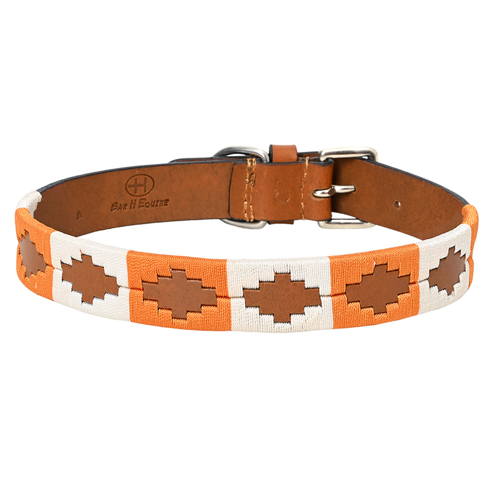 BAR H EQUINE Western Genuine Leather Dog Collar Embroidered Orange & White