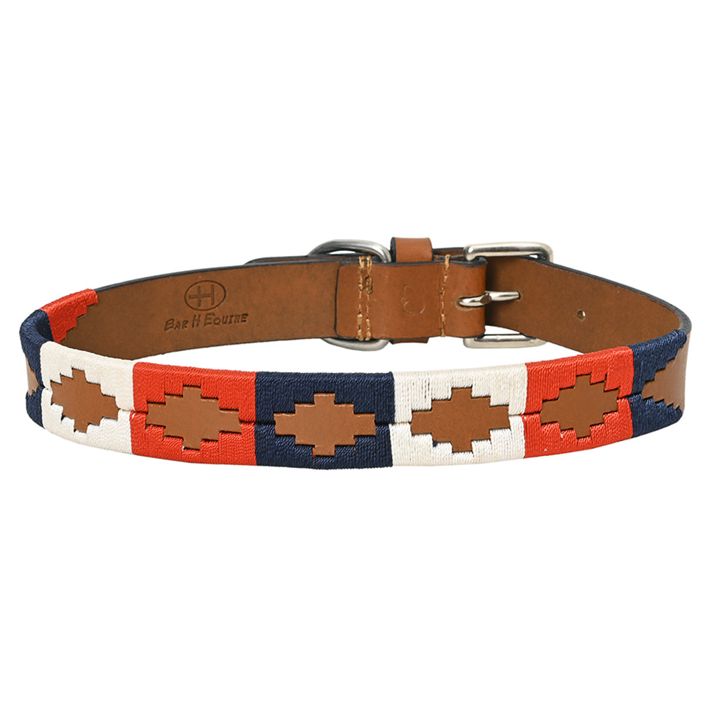 BAR H EQUINE Western Genuine Leather Dog Collar Embroidered Blue Red & White
