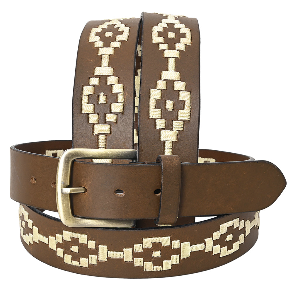 Bar H Equine Western Brown Full Grain Genuine Leather Men & Women Belt Embroidered White Unisex With Removable Buckle