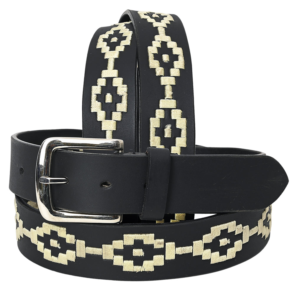 Bar H Equine Western Black Full Grain Genuine Leather Men & Women Belt Embroidered White Unisex with Removable Buckle