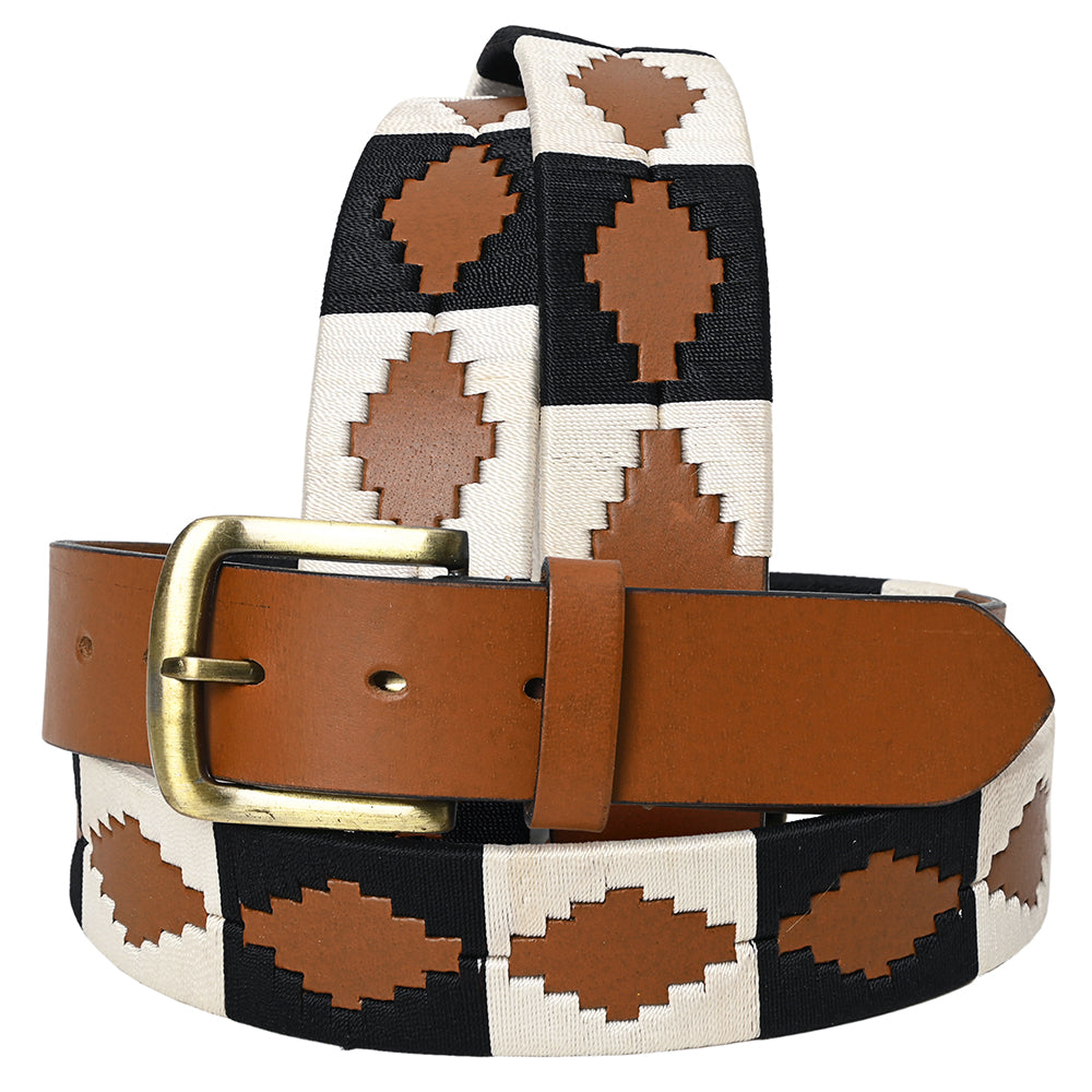 Bar H Equine Western Brown Full Grain Genuine Leather Men & Women Belt Embroidered Black and White With Removable Buckle