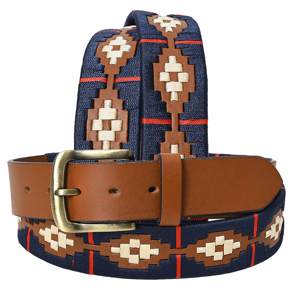 Bar H Equine Western Brown Full Grain Genuine Leather Men & Women Belt Embroidered Blue Red White with Removable Buckle