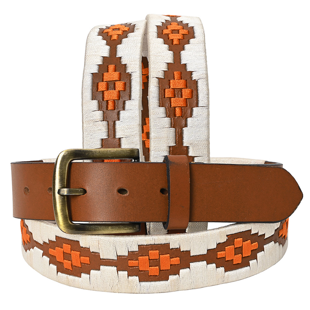 Bar H Equine Western Brown Full Grain Genuine Leather Men & Women Belt Embroidered White Orange with Removable Buckle