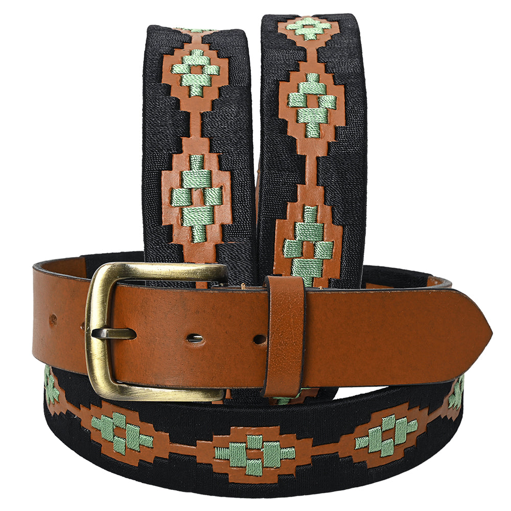 Bar H Equine Western Brown Full Grain Genuine Leather Men & Women Belt Embroidered Black Light Green with Removable Buckle