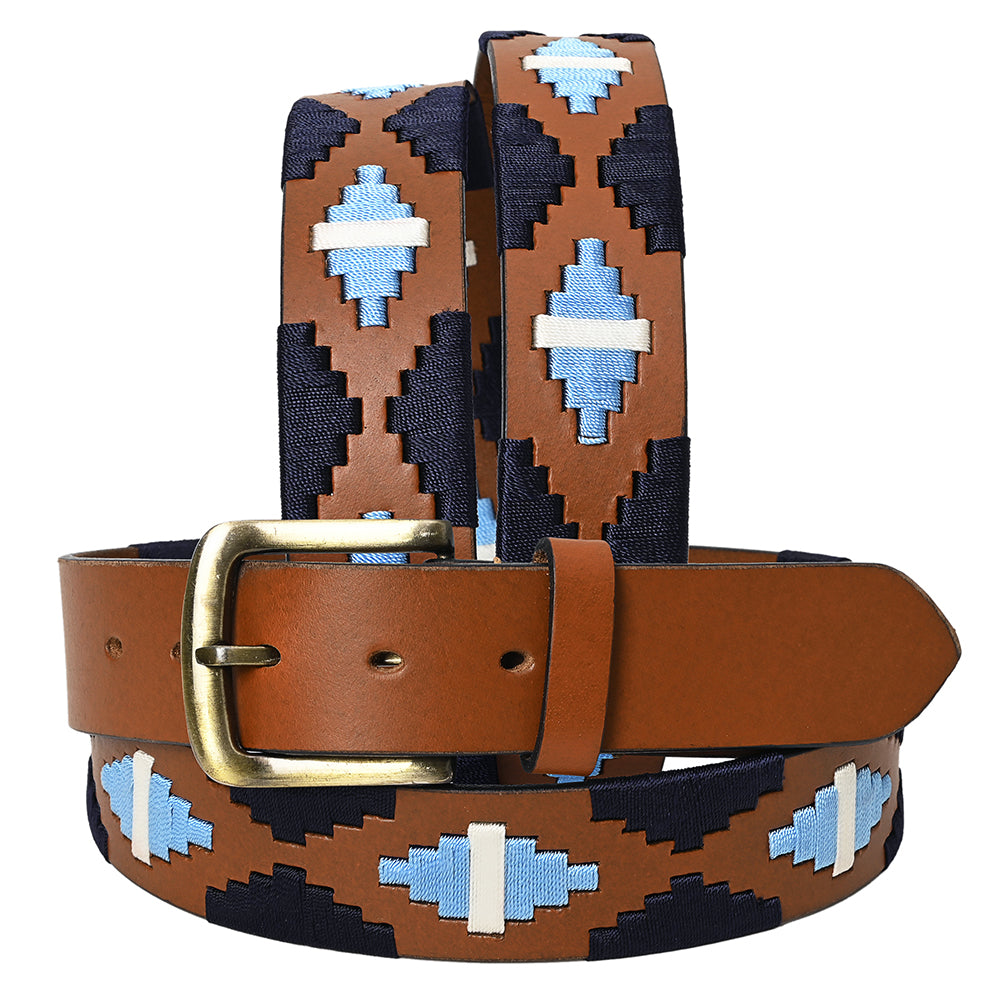 Bar H Equine Western Brown Full Grain Genuine Leather Men & Women Belt Embroidered Black Light Blue White Removable Buckle