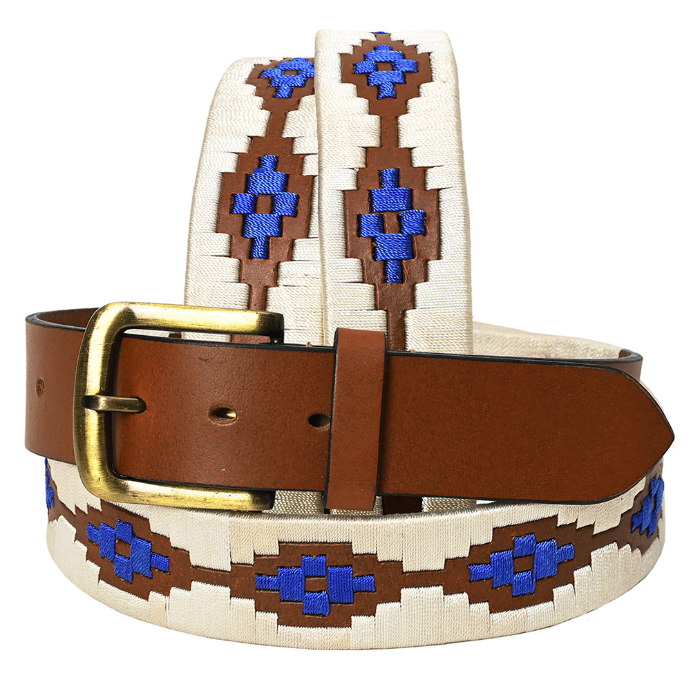 Bar H Equine Western Brown Full Grain Genuine Leather Men & Women Belt Embroidered White Blue with Removable Buckle