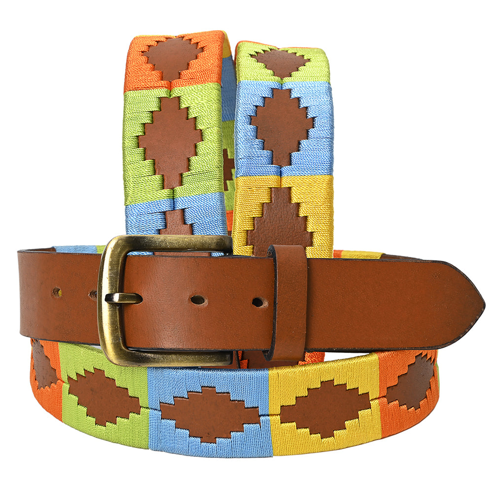 Bar H Equine Western Brown Full Grain Genuine Leather Men & Women Belt Embroidered Yellow Blue Light Green Removable Buckle