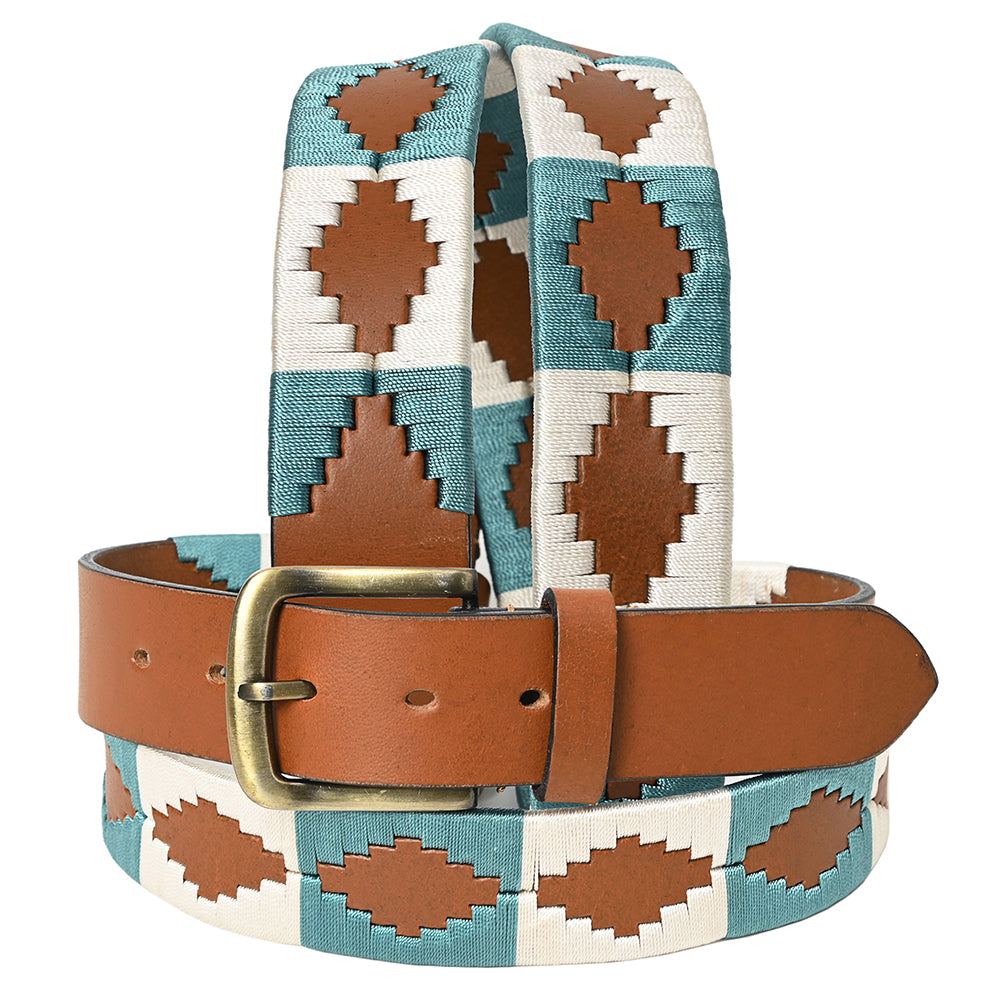 Bar H Equine Western Brown Full Grain Genuine Leather Men & Women Belt Embroidered White Sky Blue with Removable Buckle