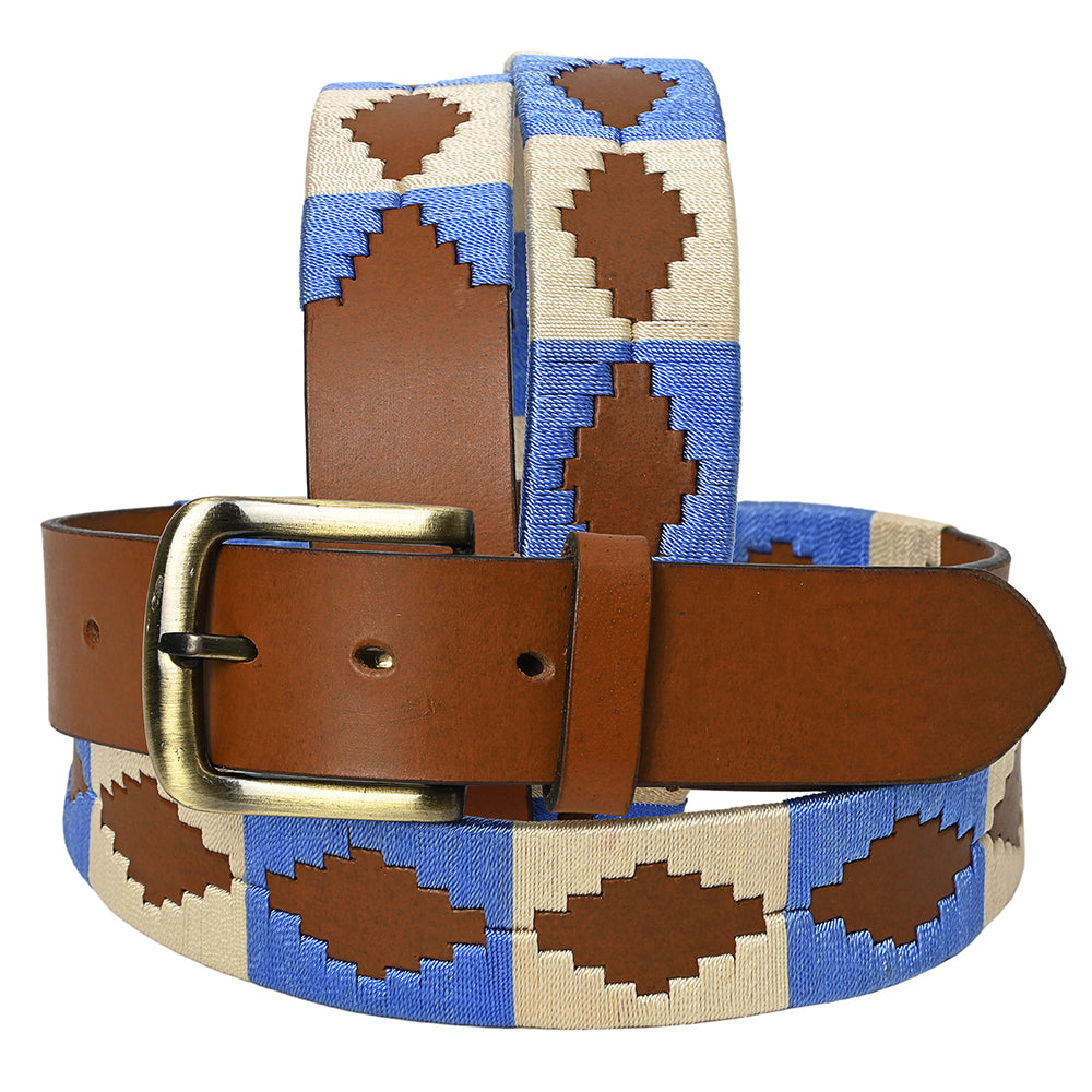 Bar H Equine Western Brown Full Grain Genuine Leather Men & Women Belt Embroidered Blue White with Removable Buckle