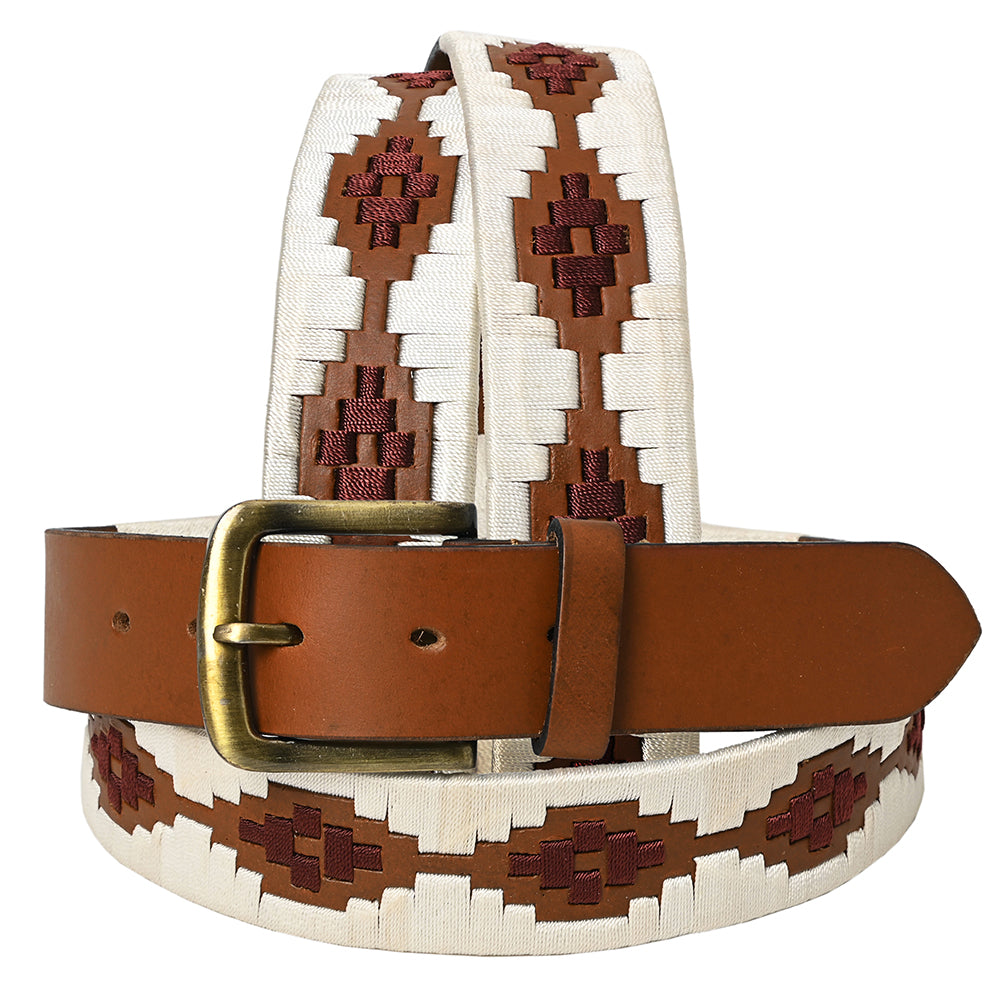 Bar H Equine Western Brown Full Grain Genuine Leather Men & Women Belt Embroidered White with Removable Buckle