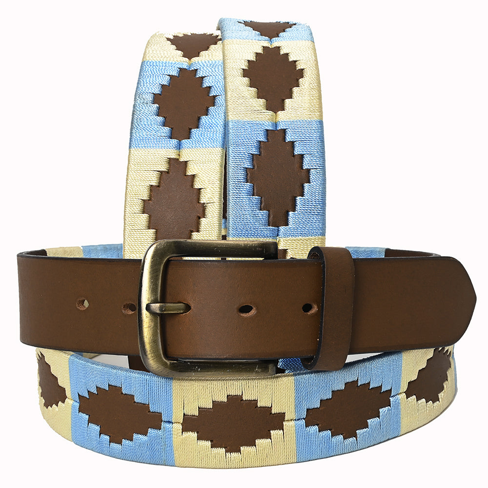 Bar H Equine Western Brown Full Grain Genuine Leather Men & Women Belt Embroidered Beige Light Blue with Removable Buckle