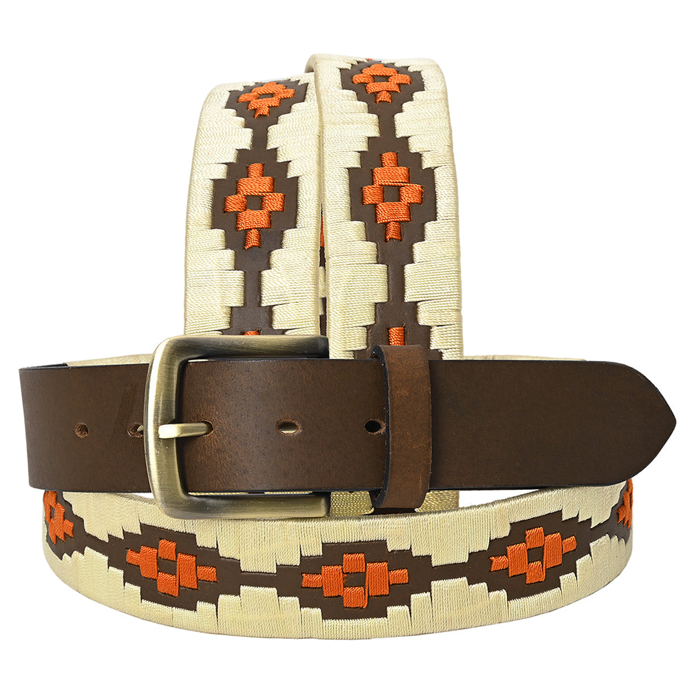 Bar H Equine Western Brown Full Grain Genuine Leather Men & Women Belt Embroidered Beige Orange with Removable Buckle