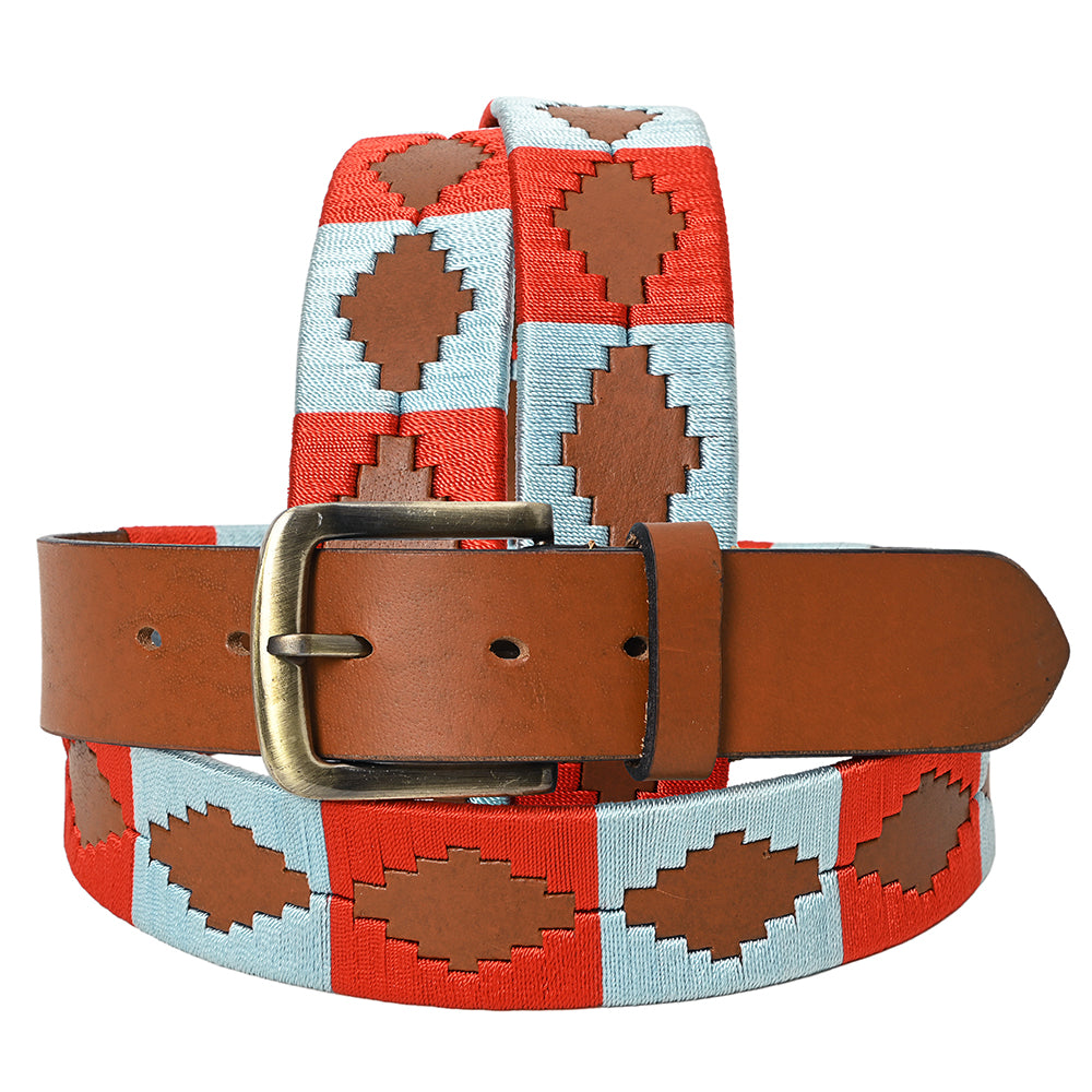 Bar H Equine Western Brown Full Grain Genuine Leather Men & Women Belt Embroidered Red Light Blue with Removable Buckle