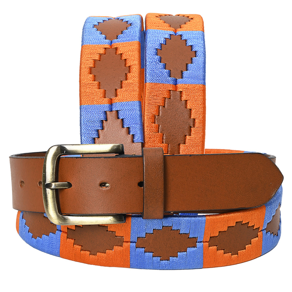 Bar H Equine Western Brown Full Grain Genuine Leather Men & Women Belt Embroidered Orange Blue with Removable Buckle