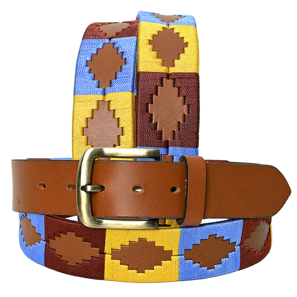 Bar H Equine Western Brown Full Grain Genuine Leather Men & Women Belt Embroidered Yellow Blue Red with Removable Buckle