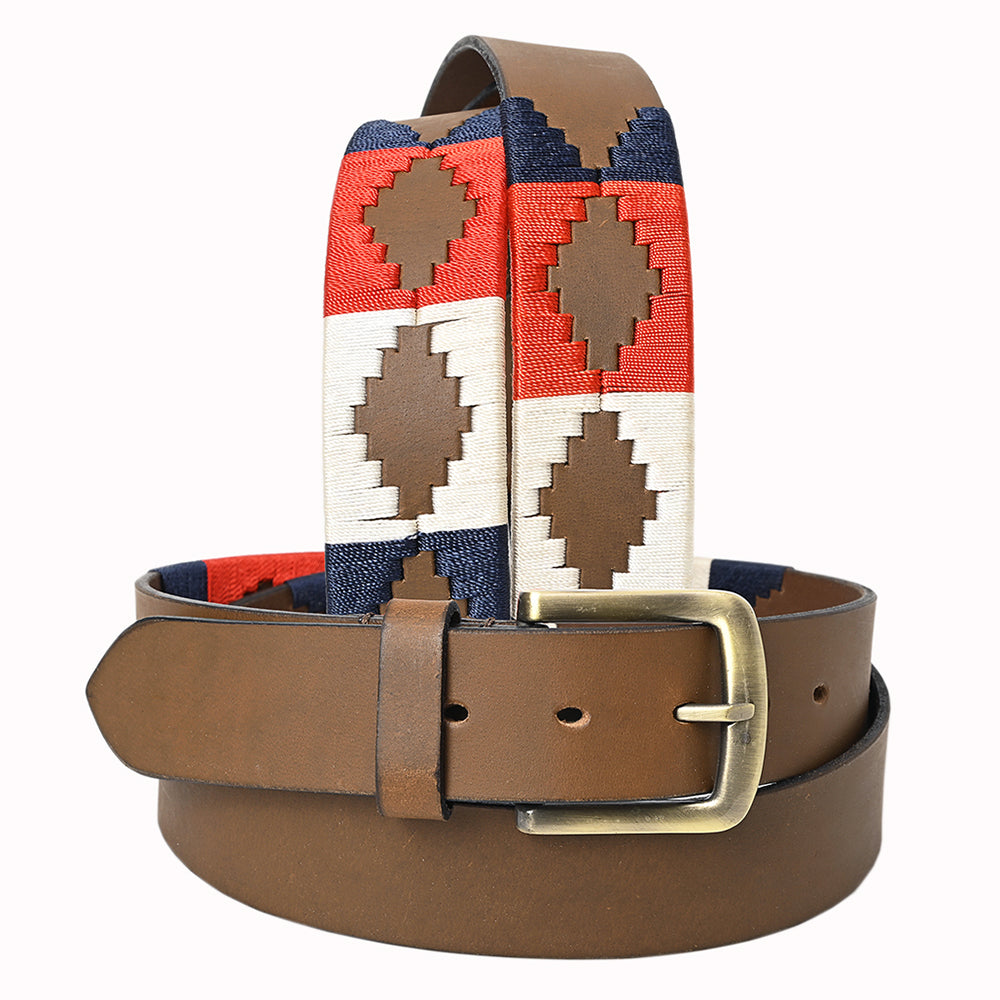Bar H Equine Western Brown Full Grain Genuine Leather Men & Women Belt Embroidered Red Blue White with Removable Buckle