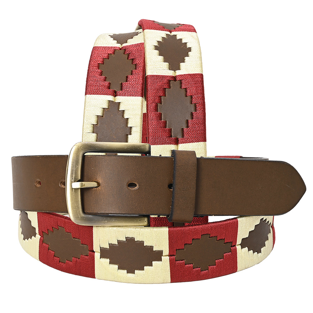 Bar H Equine Western Brown Full Grain Genuine Leather Men & Women Belt Embroidered Maroon Beige with Removable Buckle