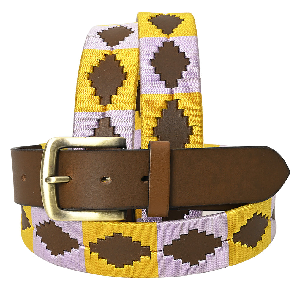Bar H Equine Western Brown Full Grain Genuine Leather Men & Women Belt Embroidered Yellow Purple With Removable Buckle