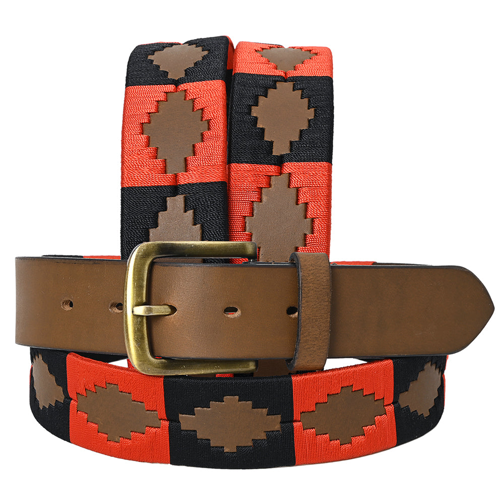 BAR H EQUINE Western Genuine Leather Men And Women Brown Belt Embroidered Orange & Black