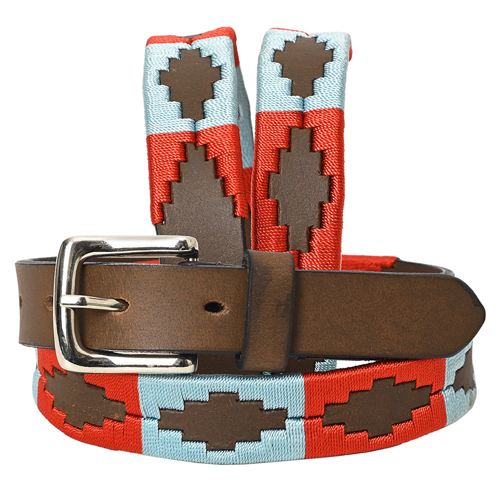 Bar H Equine Western Brown Full Grain Genuine Leather Men & Women Belt Embroidered Red Light Blue with Removable Buckle