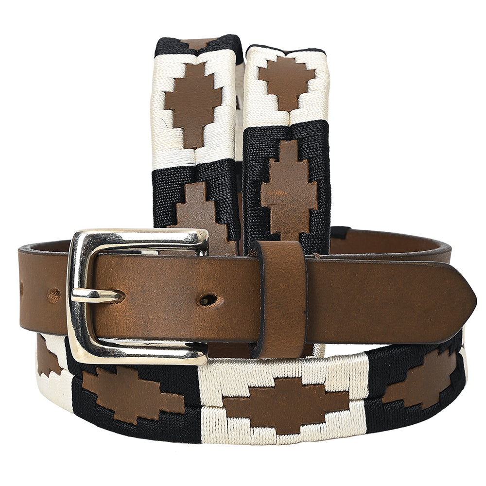 Bar H Equine Western Brown Full Grain Genuine Leather Men & Women Belt Embroidered Black White with Removable Buckle