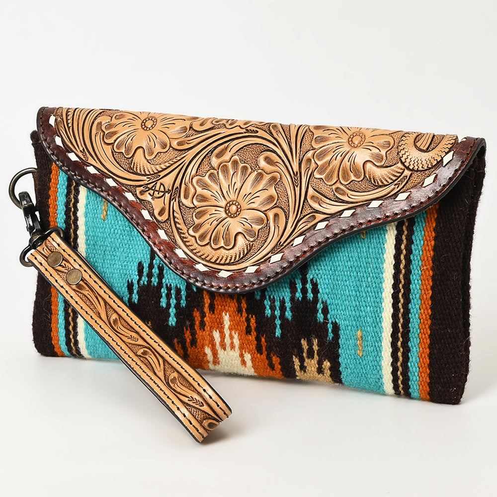 American Darling Wristlet Hand Tooled Upcycled Wool Genuine Leather Women Bag Western Handbag Purse | Travel