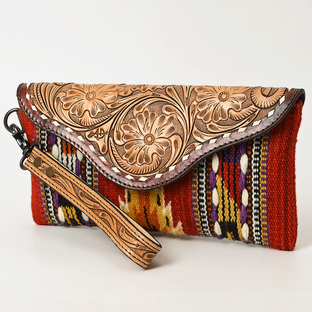 American Darling Wristlet Hand Tooled Upcycled Wool Genuine Leather Women Bag Western Handbag Purse | Travel