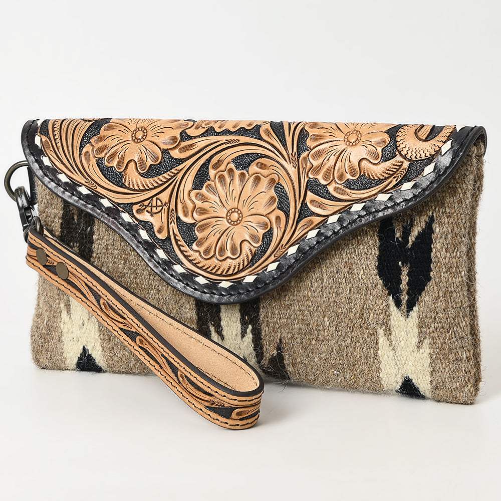 American Darling Wristlet Hand Tooled Upcycled Wool Genuine Leather Women Bag Western Handbag Purse | Travel