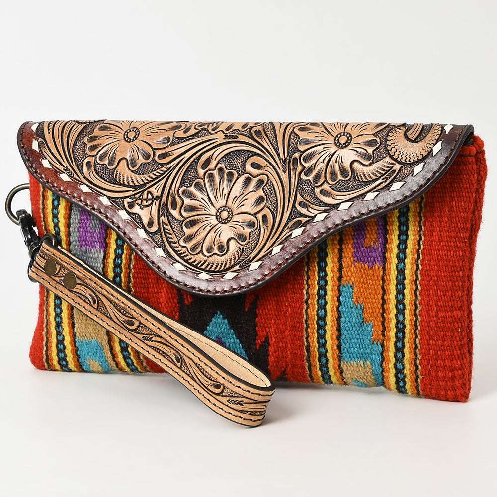 American Darling Wristlet Hand Tooled Upcycled Wool Genuine Leather Women Bag Western Handbag Purse | Travel