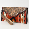 American Darling Hand Tooled Leather Western Wristlet Bag with Floral Carved Flap and Hand Woven Saddle Blanket 6in (H) X 11in (W)
