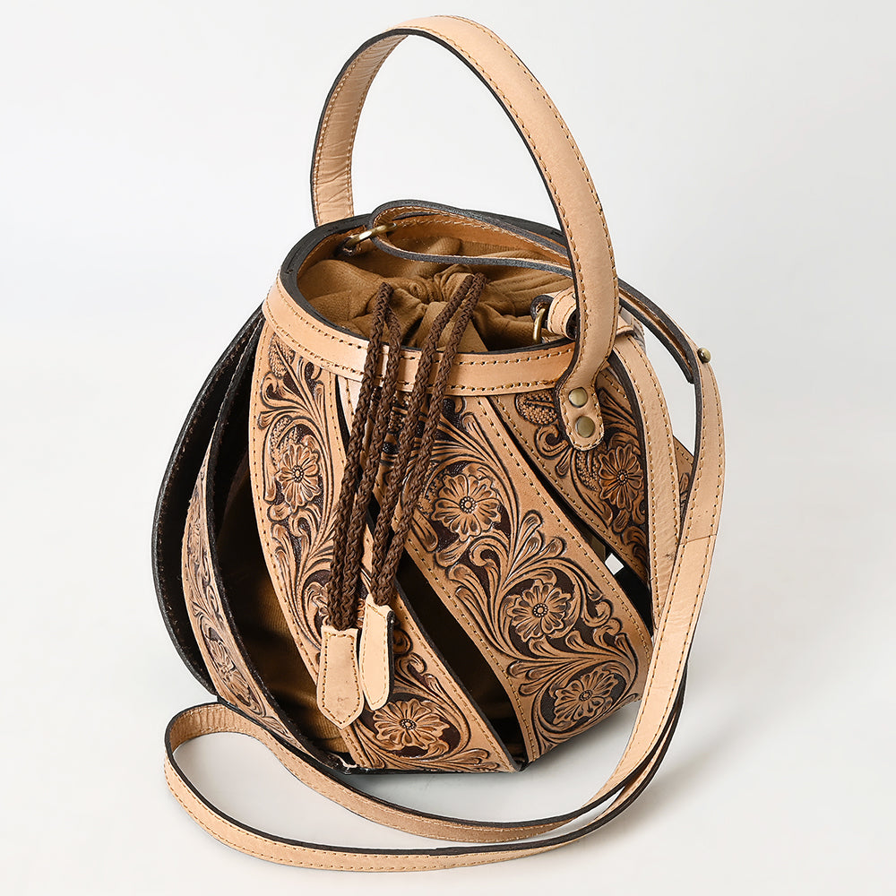 American Darling Hand Tooled Floral Carved Genuine Leather Bucket Bag Drawstring Eco-Friendly Western Purse
