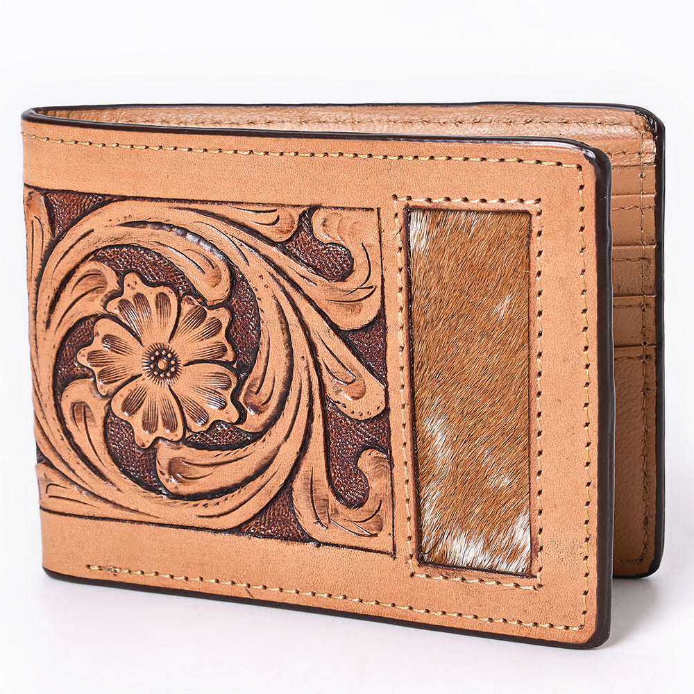 Bar H Equine Floral Genuine Leather Rodeo Bifold Wallet For Men Women Tan Flower Hand Carved & Tooled