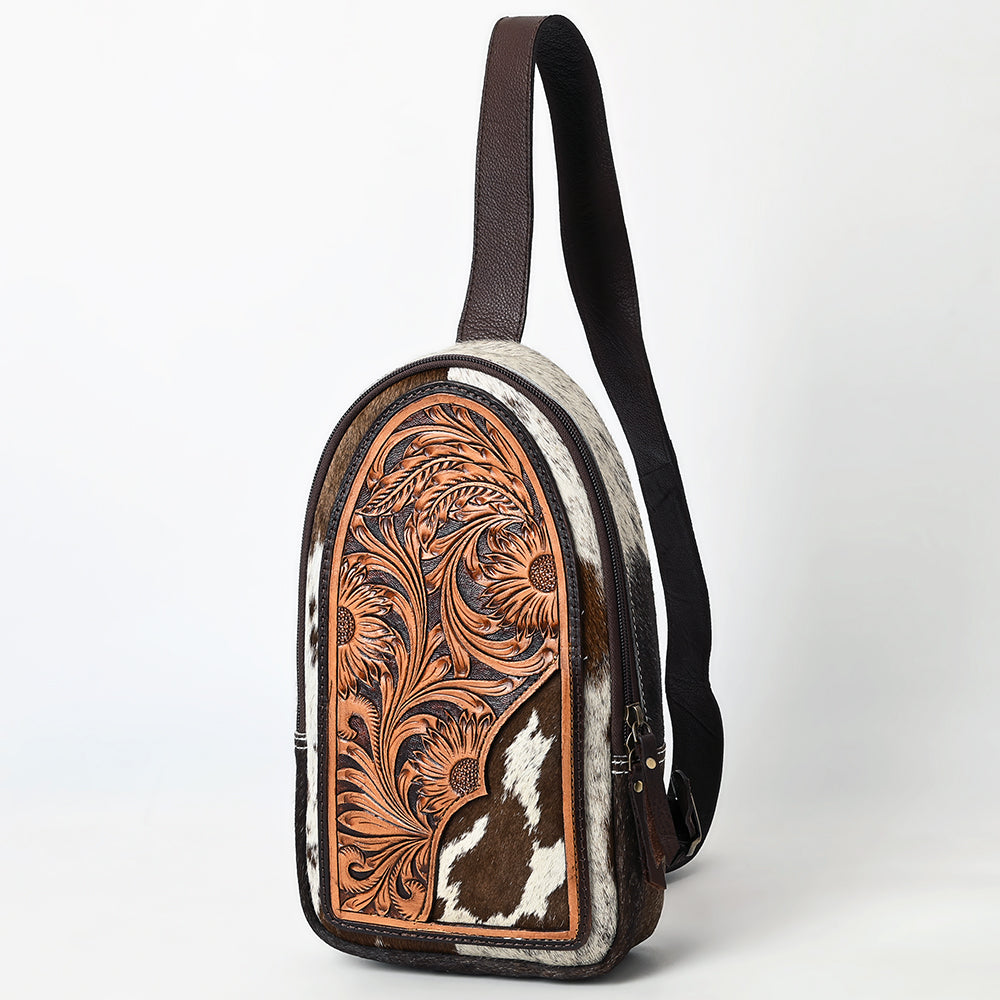 American Darling Sling Bag - Hand Tooled Floral Carved, Hair-On Cowhide, Eco-Friendly Vegetable Tanned Genuine Leather
