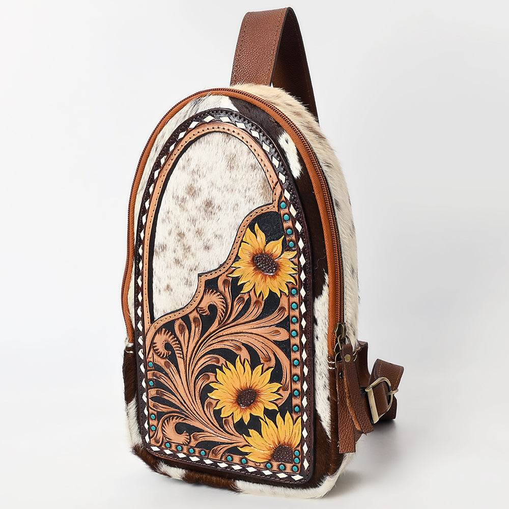 American Darling Sling Bag - Hand Tooled Floral Carved, Hair-On Cowhide, Eco-Friendly Vegetable Tanned Genuine Leather