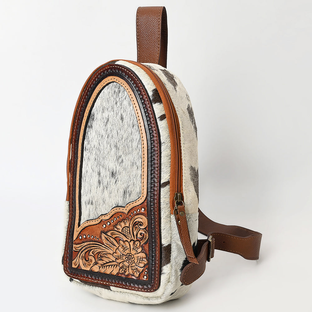 American Darling Sling Bag - Hand Tooled Floral Carved, Hair-On Cowhide, Eco-Friendly Vegetable Tanned Genuine Leather