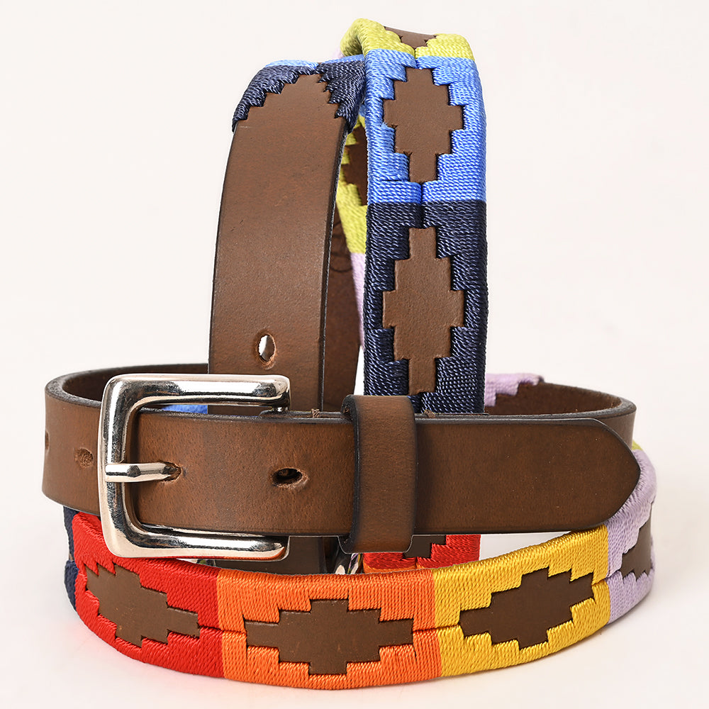 Bar H Equine Western Brown Full Grain Genuine Leather Kids Youth Belt Embroidered Unisex With Removable Buckle