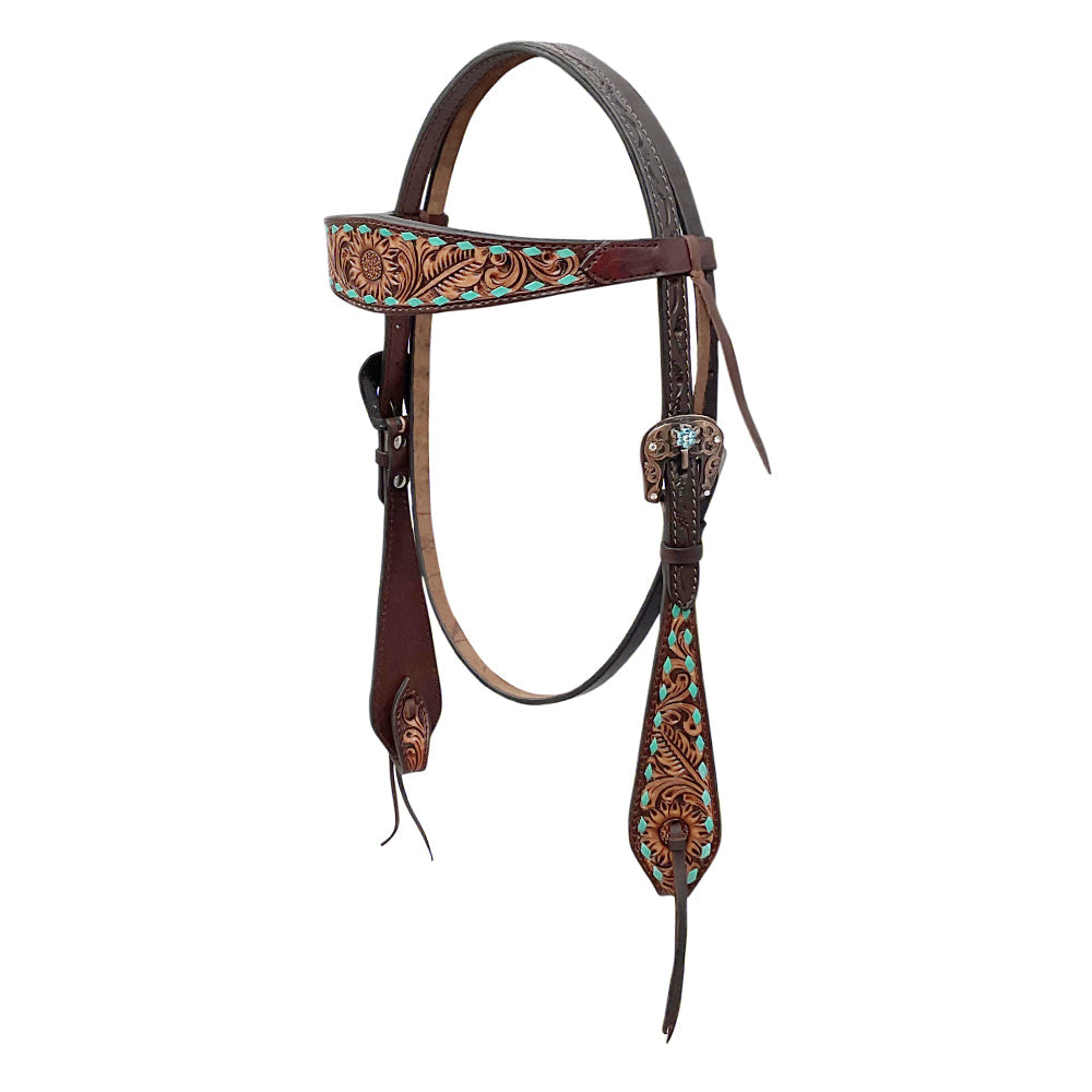 BAR H EQUINE Western Handtooled Leather Horse Headstall & Breast Collar Set