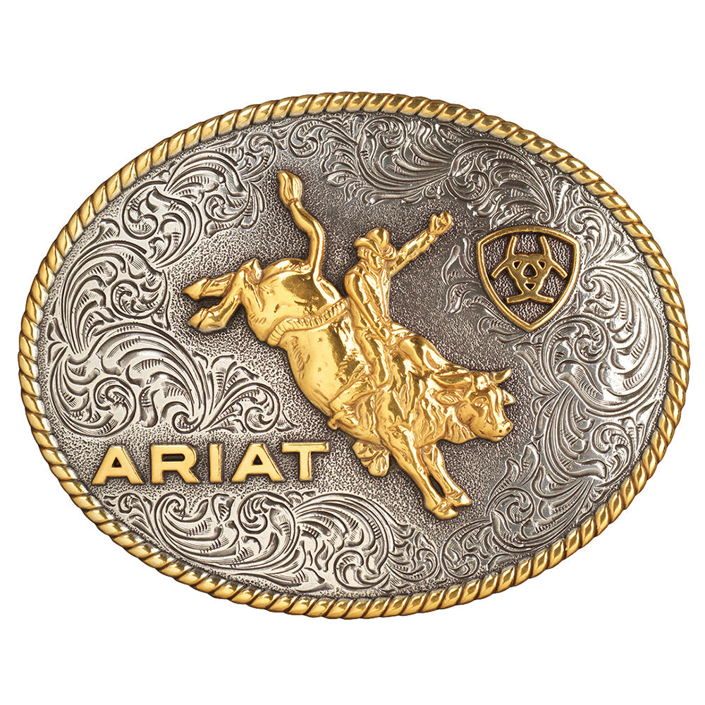 ARIAT Oval Rope Edge Bull Riding Belt Buckle Antique Silver and Gold Finish