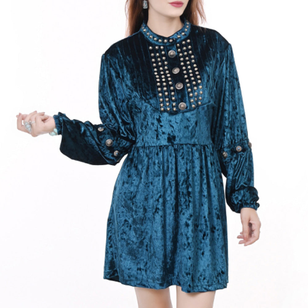 American Darling ADDR009 Velvet Women shirt dress Tunic Ladies girl Top Blue
