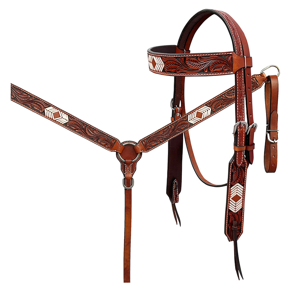 BAR H EQUINE Western Handtooled Leather Horse Headstall & Breast Collar Set | Tack
