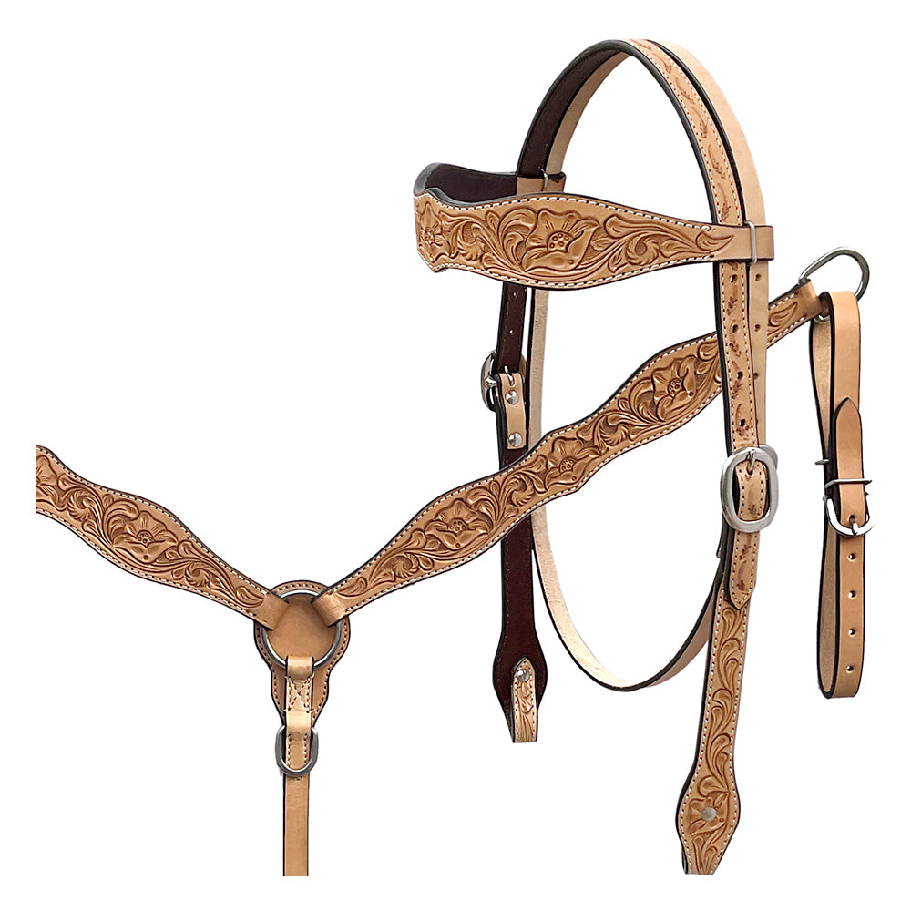 BAR H EQUINE Western Handtooled Leather Horse Headstall & Breast Collar Set | Tack