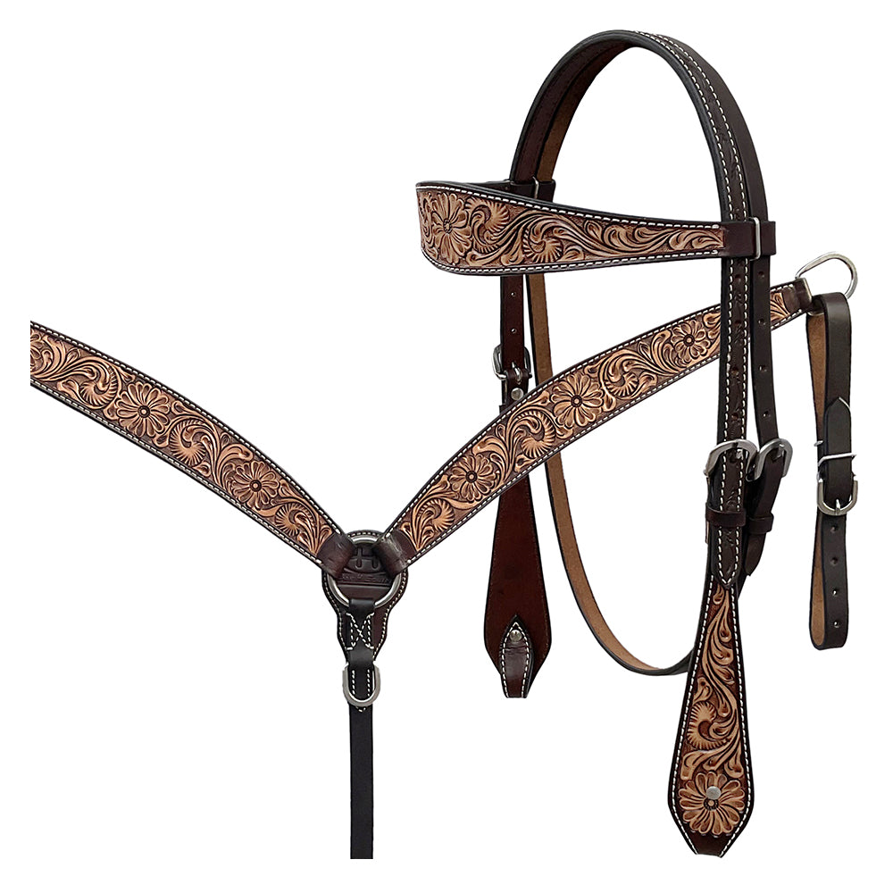 BAR H EQUINE Western Handtooled Leather Horse Headstall & Breast Collar Set | Tack