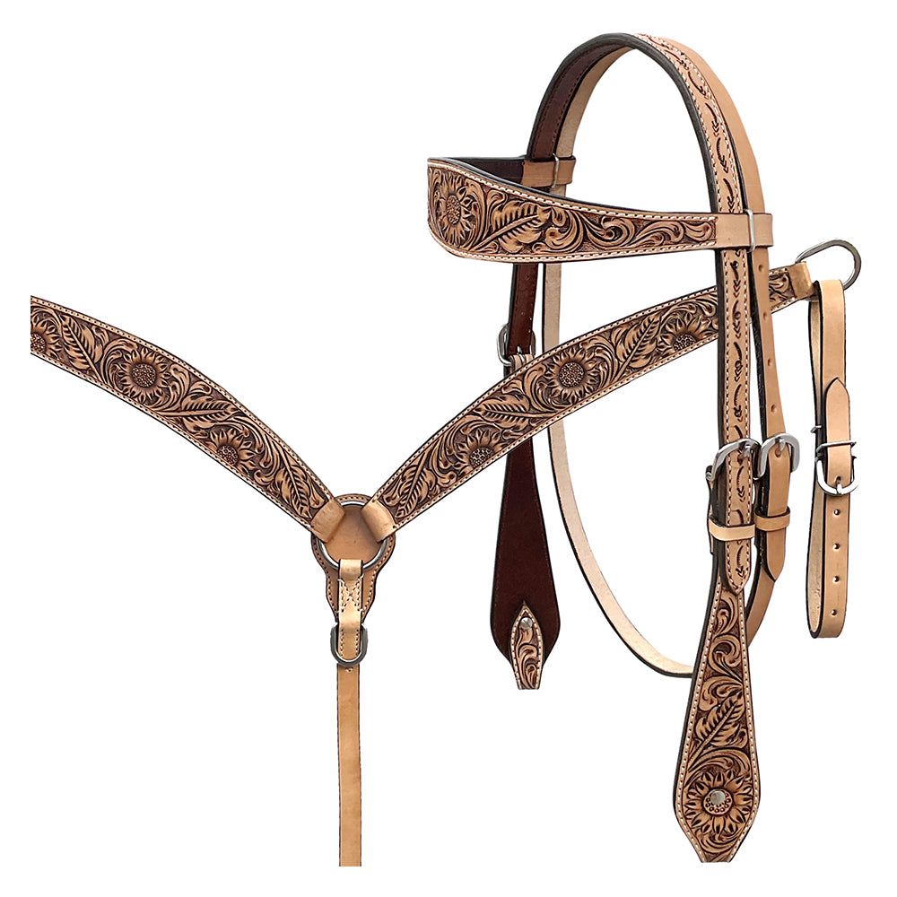 BAR H EQUINE Western Handtooled Leather Horse Headstall & Breast Collar Set | Tack