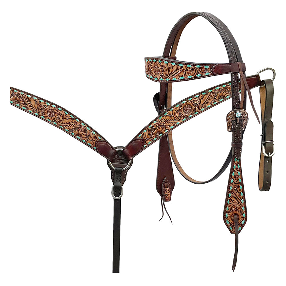 BAR H EQUINE Western Handtooled Leather Horse Headstall & Breast Collar Set