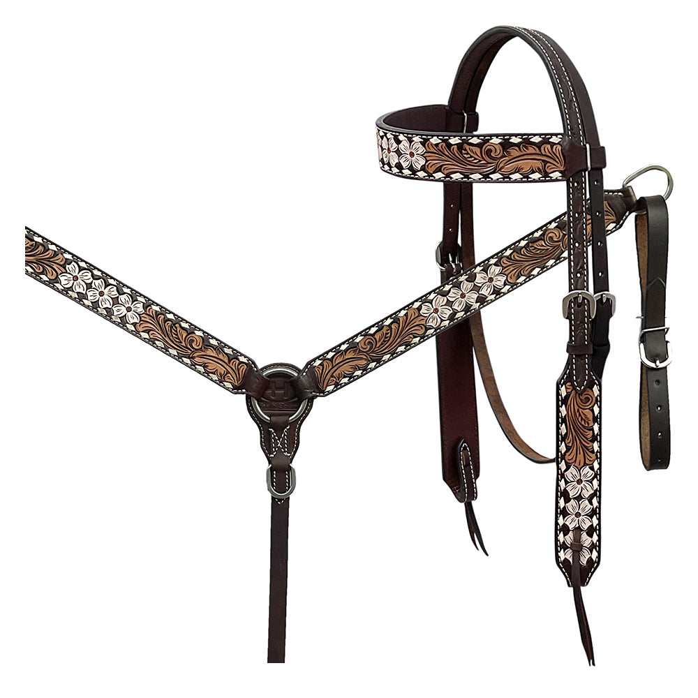 BAR H EQUINE Western Handtooled Leather Horse Headstall & Breast Collar Set | Tack